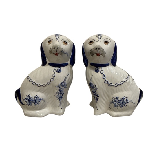 Other - Vintage Pair of Ceramic Portugal Dog Statue White & Cobalt Blue Hand Painted